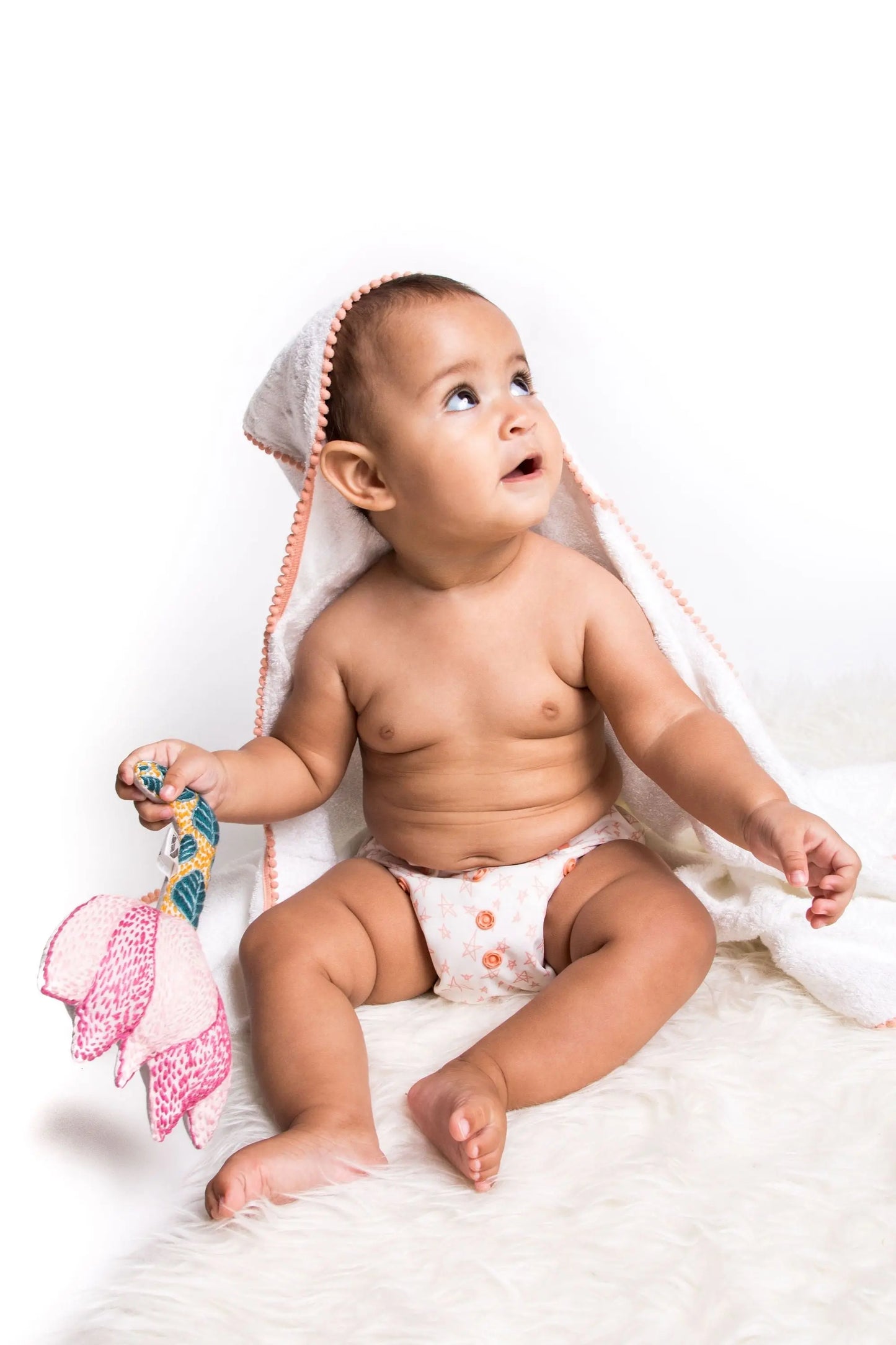 3 Pc Newborn Essential Set - Hooded Towel, Swaddle + Toy Rattle Eromxe