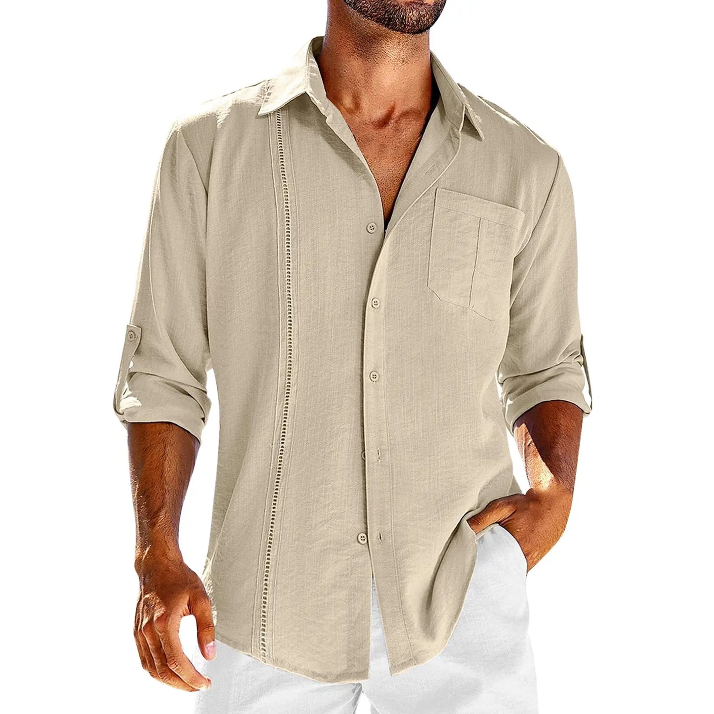 Casual Lace Polo Collar Solid Color Long Sleeve Button Men's Shirt Eromxe