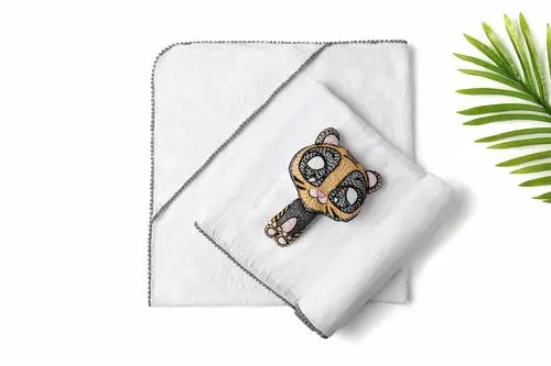 3 Pc Newborn Essential Set - Hooded Towel, Swaddle + Toy Rattle Eromxe