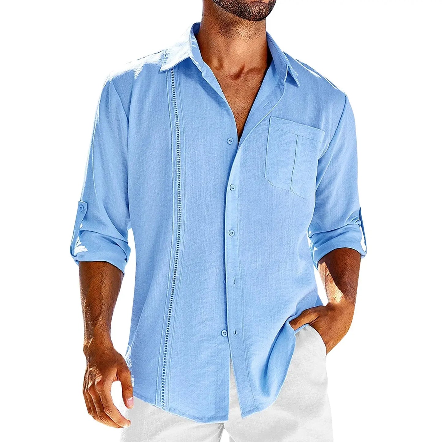 Casual Lace Polo Collar Solid Color Long Sleeve Button Men's Shirt Eromxe
