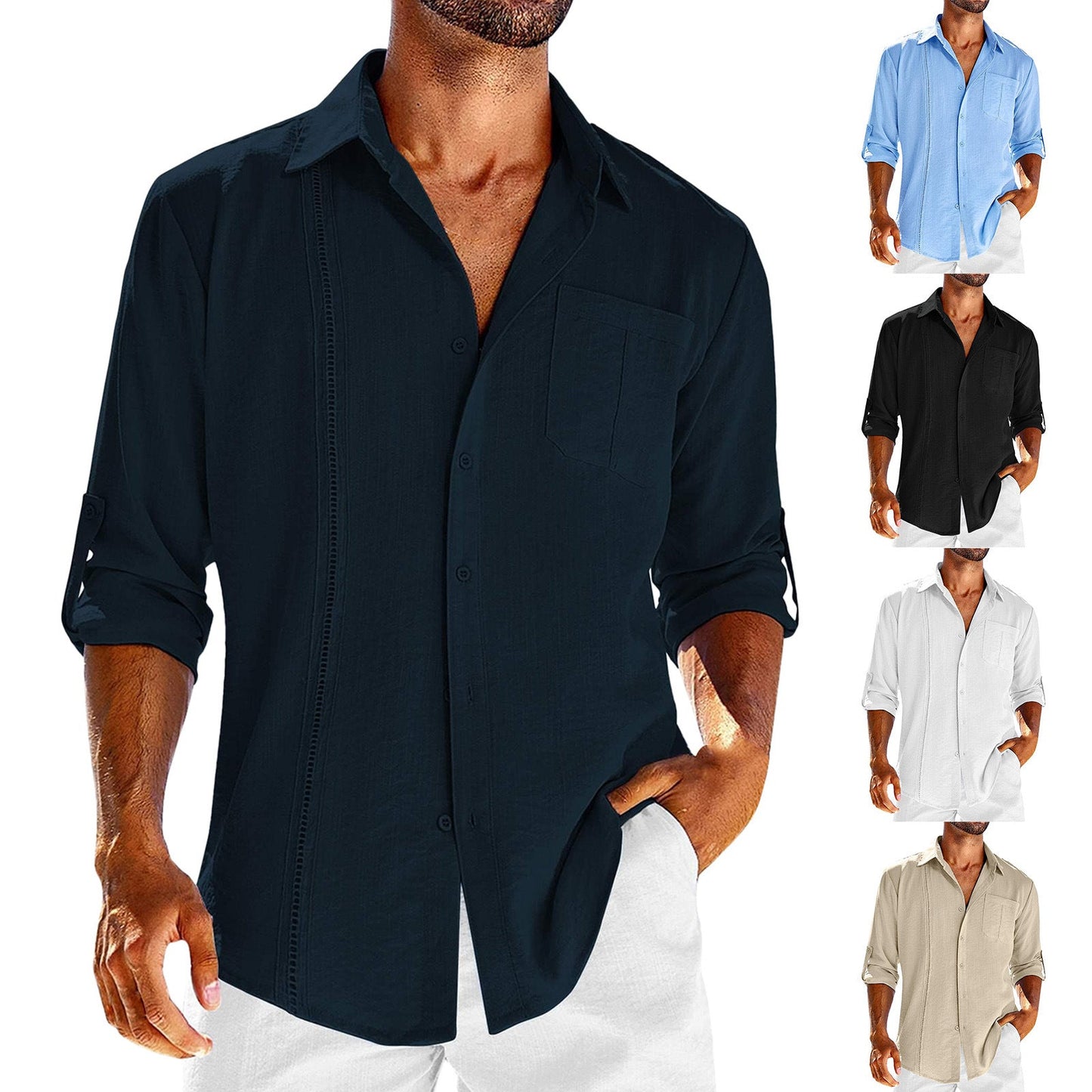 Casual Lace Polo Collar Solid Color Long Sleeve Button Men's Shirt Eromxe
