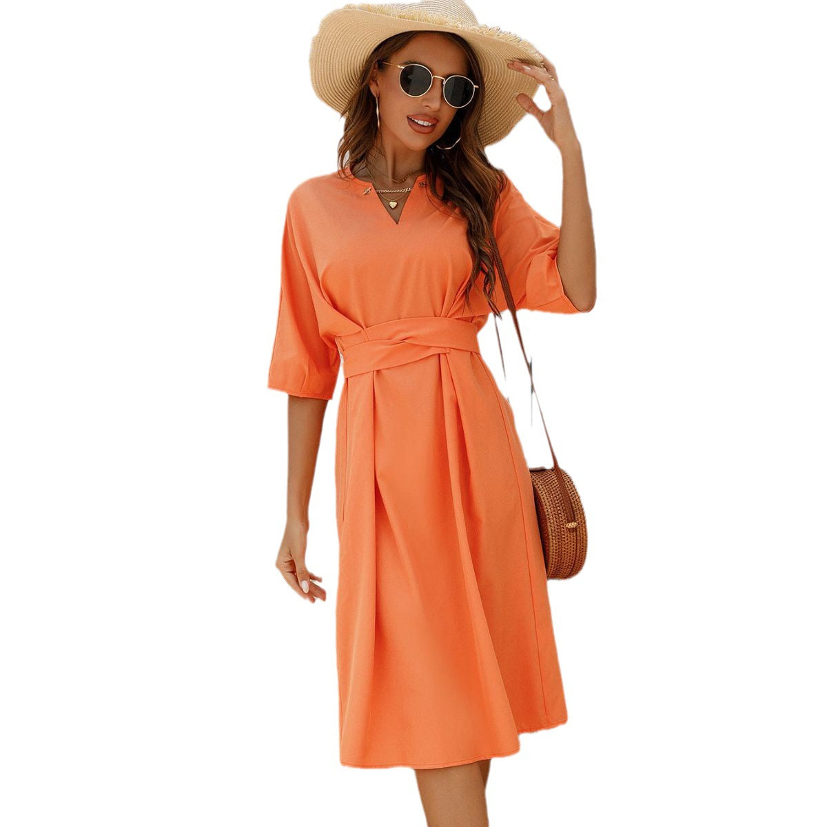 European And American Women's Clothing Amazon Short Sleeve Belt Zipper Solid Color French Dress New Eromxe