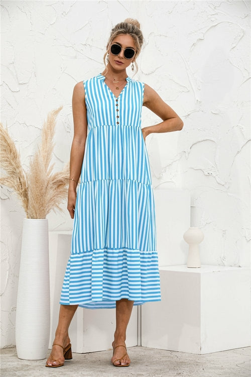Fashion Casual Striped Patchwork Big Swing Midi Dresses Eromxe