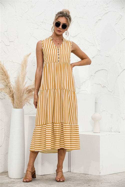 Fashion Casual Striped Patchwork Big Swing Midi Dresses Eromxe
