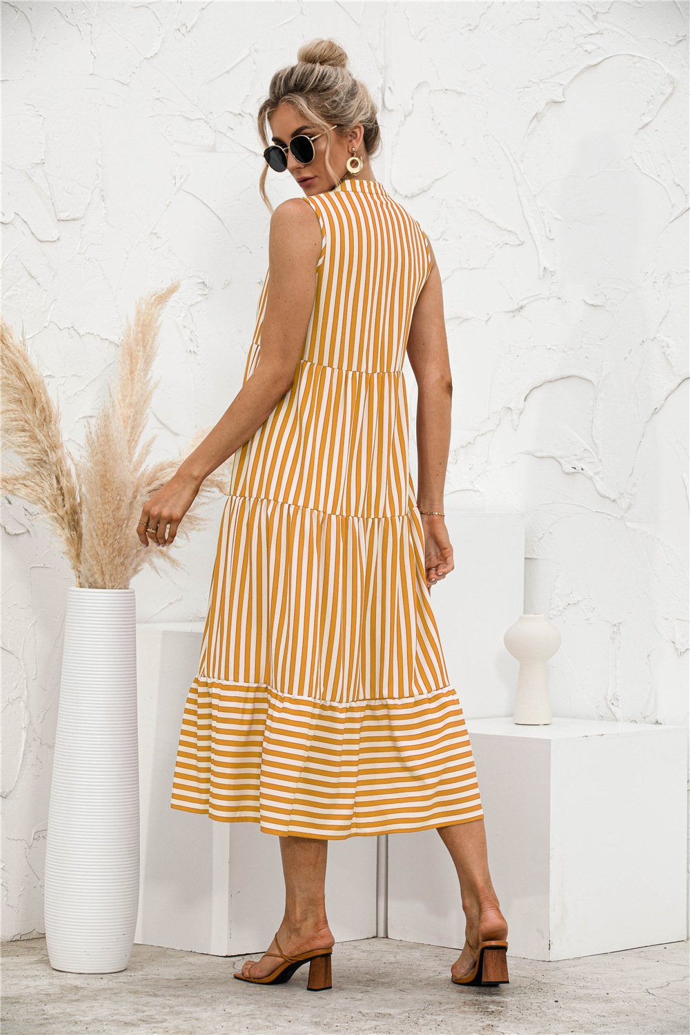 Fashion Casual Striped Patchwork Big Swing Midi Dresses Eromxe