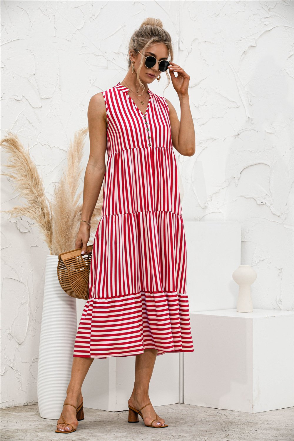 Fashion Casual Striped Patchwork Big Swing Midi Dresses Eromxe