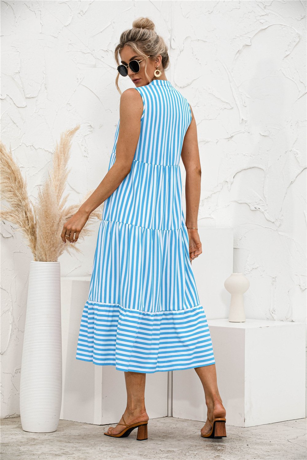 Fashion Casual Striped Patchwork Big Swing Midi Dresses Eromxe