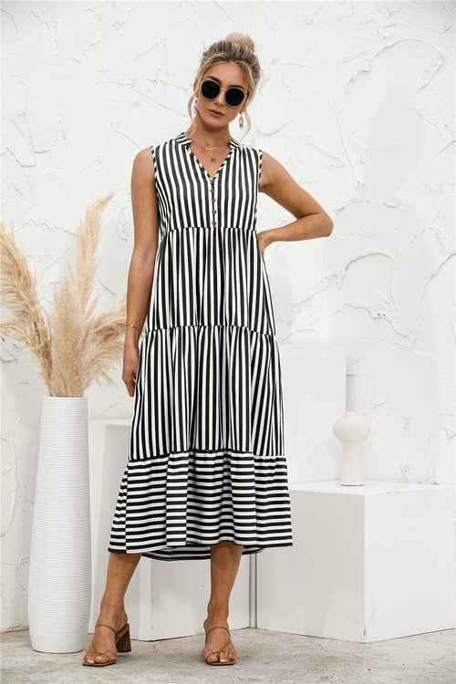 Fashion Casual Striped Patchwork Big Swing Midi Dresses Eromxe