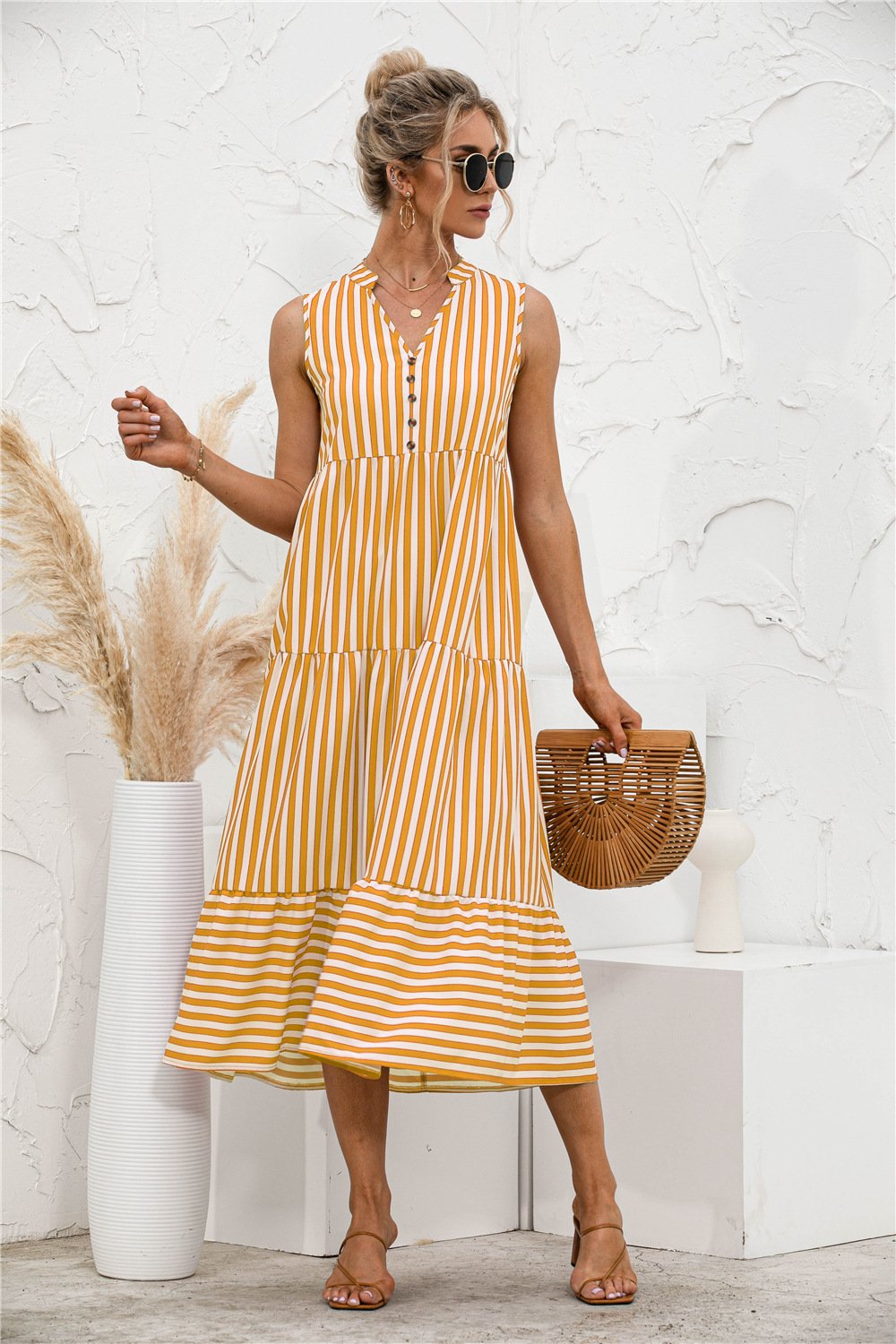 Fashion Casual Striped Patchwork Big Swing Midi Dresses Eromxe