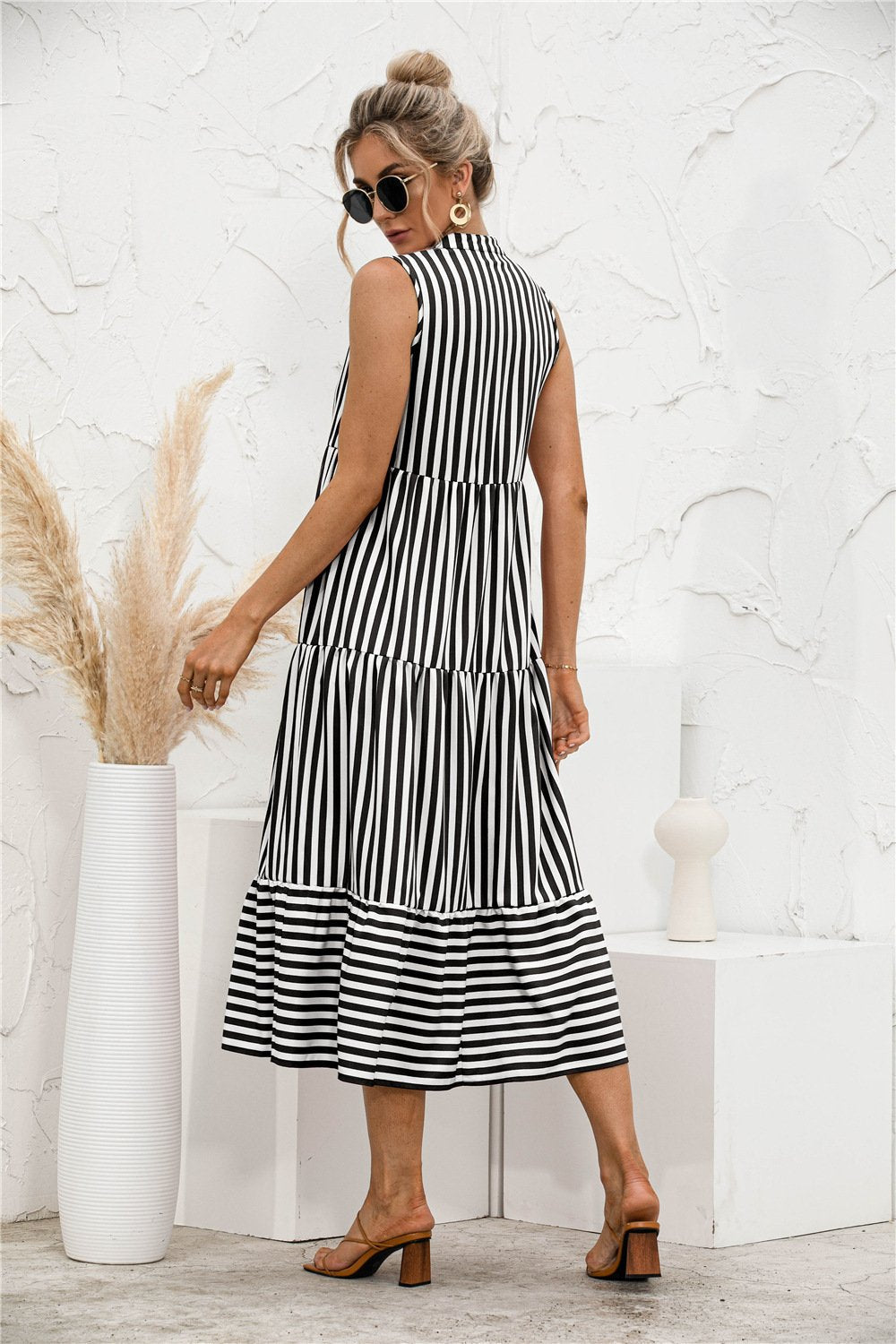 Fashion Casual Striped Patchwork Big Swing Midi Dresses Eromxe