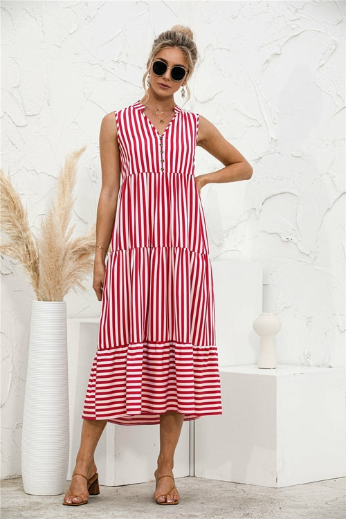 Fashion Casual Striped Patchwork Big Swing Midi Dresses Eromxe