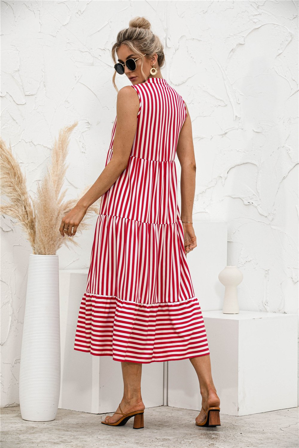 Fashion Casual Striped Patchwork Big Swing Midi Dresses Eromxe