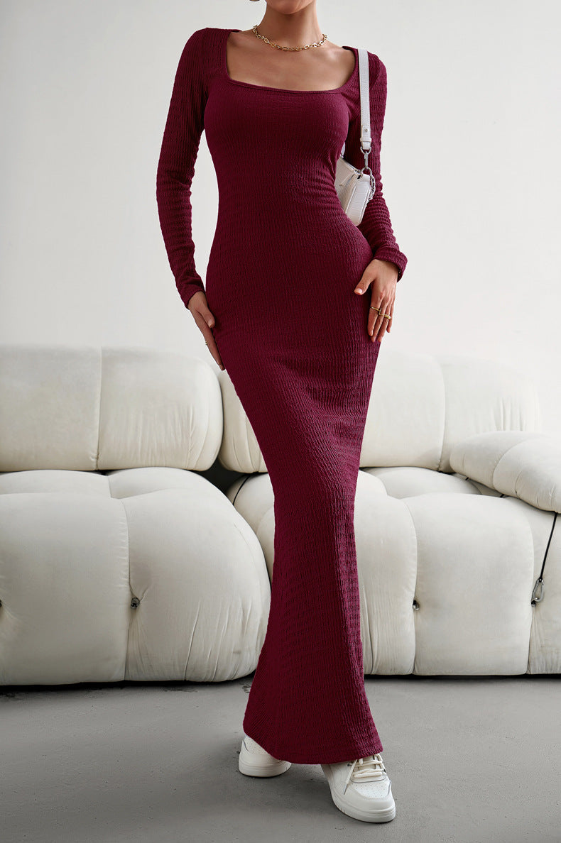 Long Sleeve Square Neck Maxi Bodycon Dress Eromxe
