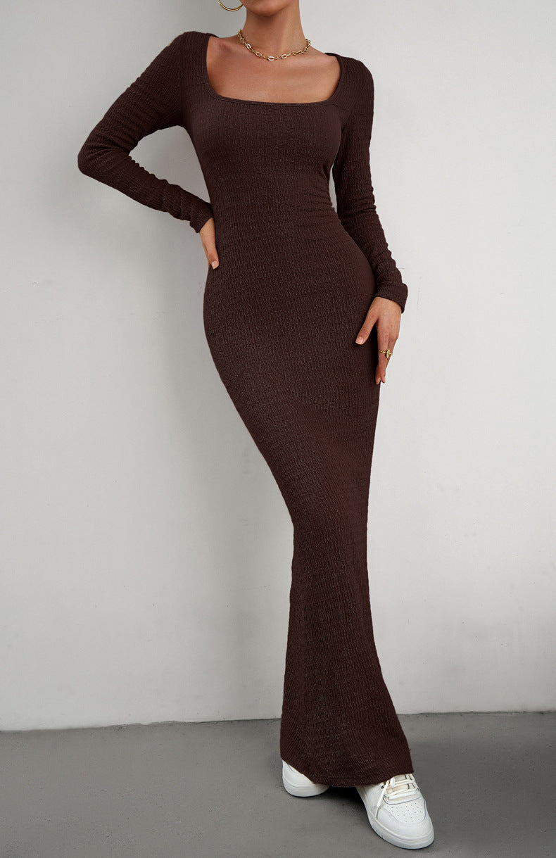 Long Sleeve Square Neck Maxi Bodycon Dress Eromxe