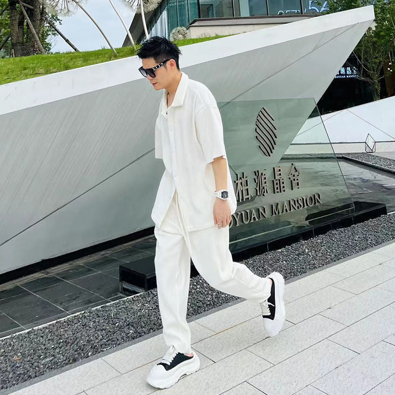 Men's Fashion Casual Loose Pleated Texture Shirt And Trousers Two-piece Set Eromxe