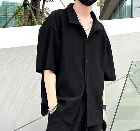 Men's Fashion Casual Loose Pleated Texture Shirt And Trousers Two-piece Set Eromxe