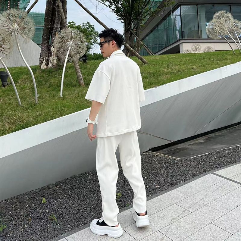 Men's Fashion Casual Loose Pleated Texture Shirt And Trousers Two-piece Set Eromxe
