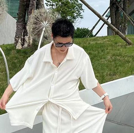 Men's Fashion Casual Loose Pleated Texture Shirt And Trousers Two-piece Set Eromxe