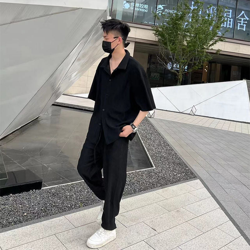 Men's Fashion Casual Loose Pleated Texture Shirt And Trousers Two-piece Set Eromxe