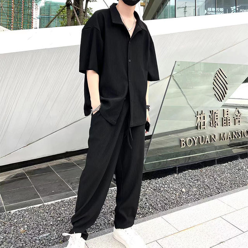 Men's Fashion Casual Loose Pleated Texture Shirt And Trousers Two-piece Set Eromxe