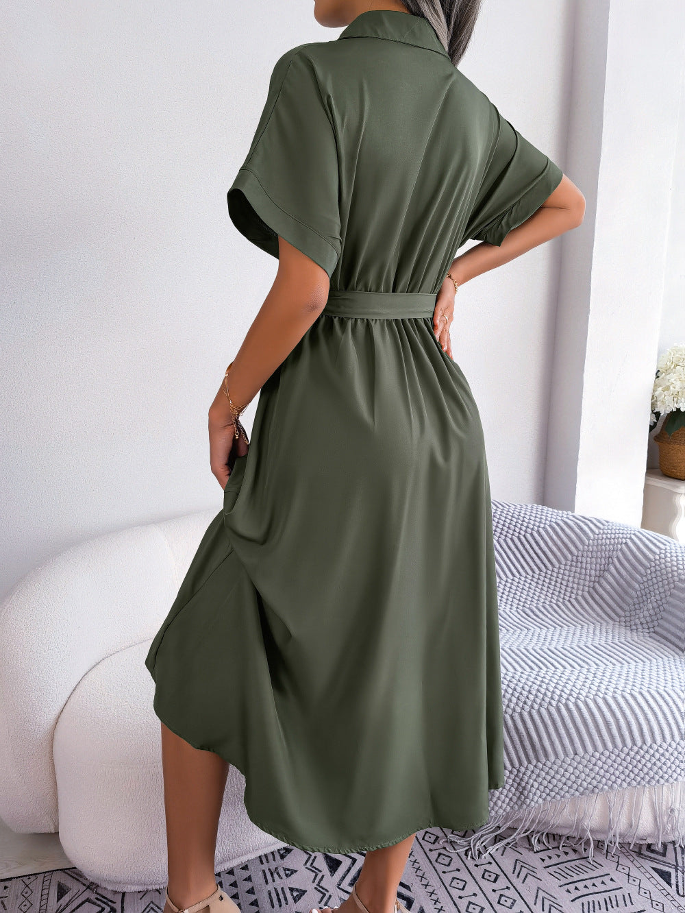 Short Sleeve Collared Tie Belt Dress Eromxe