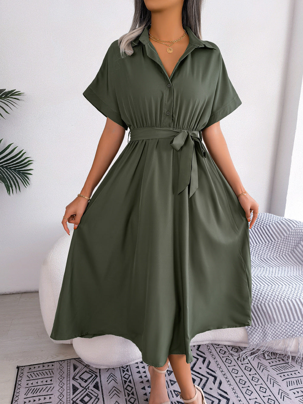 Short Sleeve Collared Tie Belt Dress Eromxe