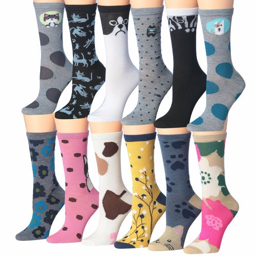 Tipi Toe Women's 12 Pairs Colorful Patterned Crew Socks Eromxe