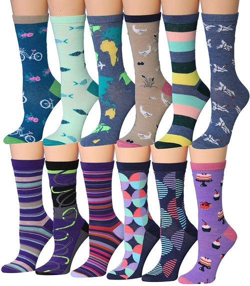 Tipi Toe Women's 12 Pairs Colorful Patterned Crew Socks Eromxe