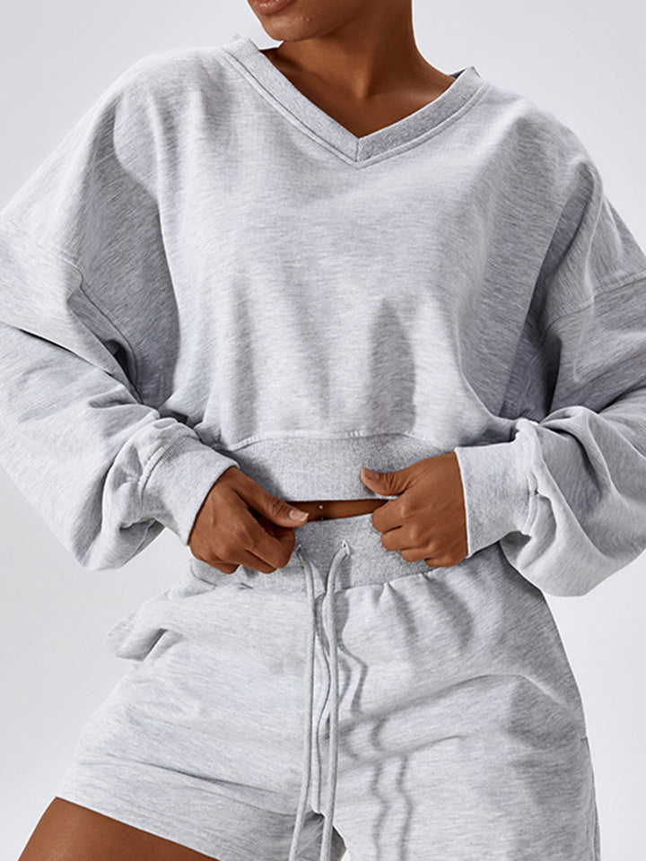 V-Neck Dropped Shoulder Sports Sweatshirt Eromxe
