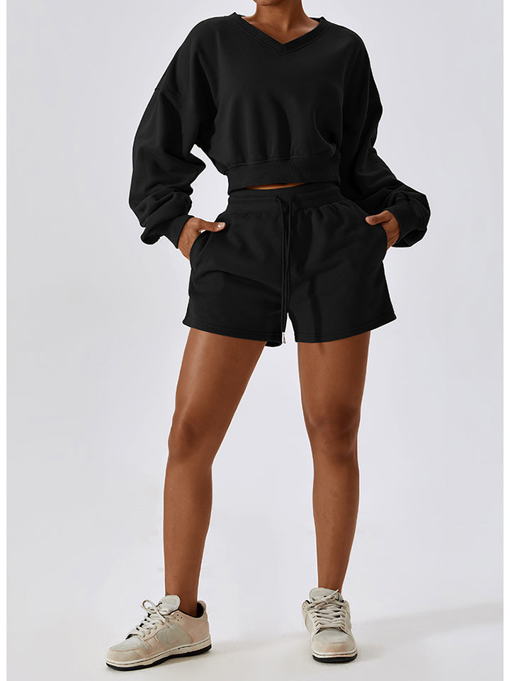 V-Neck Dropped Shoulder Sports Sweatshirt Eromxe