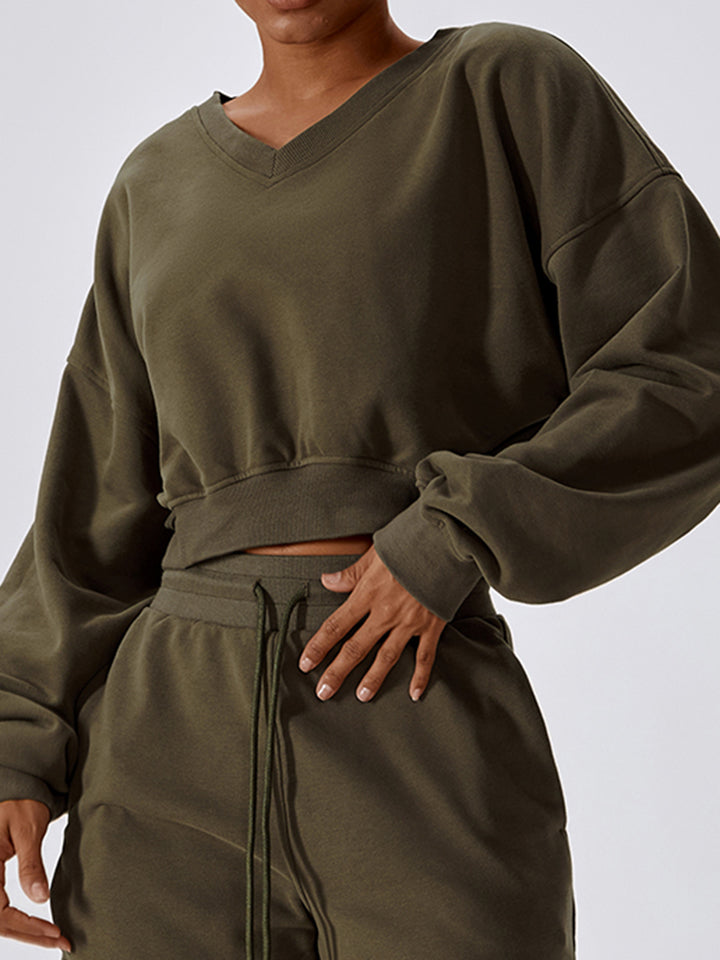 V-Neck Dropped Shoulder Sports Sweatshirt Eromxe