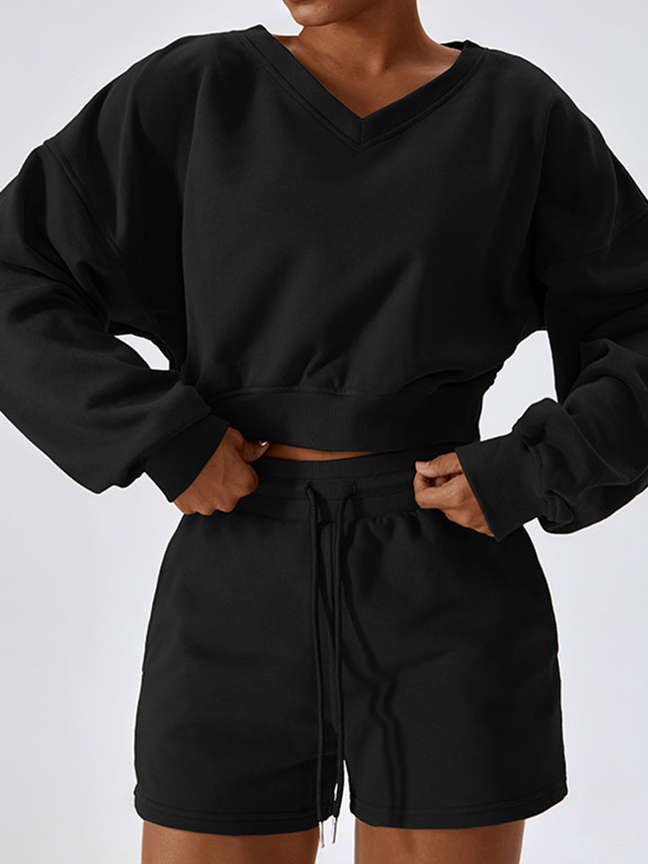 V-Neck Dropped Shoulder Sports Sweatshirt Eromxe
