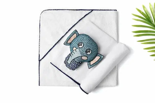 3 Pc Newborn Essential Set - Hooded Towel, Swaddle + Toy Rattle Eromxe