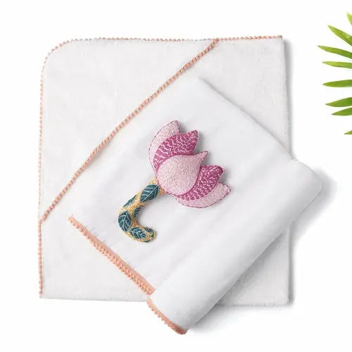 3 Pc Newborn Essential Set - Hooded Towel, Swaddle + Toy Rattle Eromxe