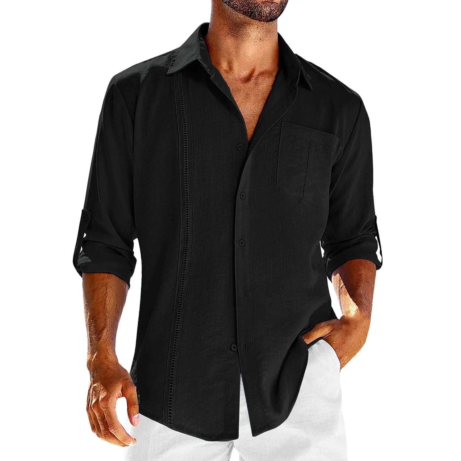 Casual Lace Polo Collar Solid Color Long Sleeve Button Men's Shirt Eromxe