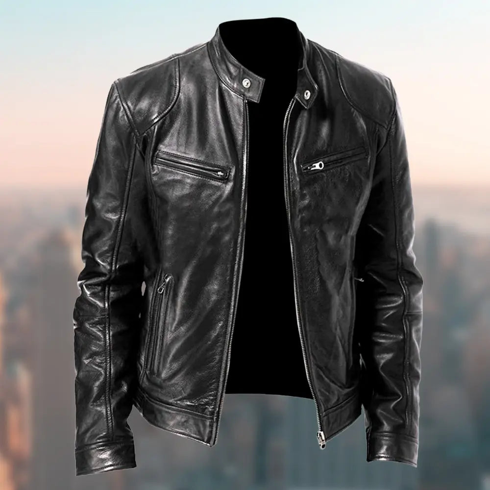 Gentleman's Warm Zipper Cardigan Pocket Decorated Pu Leather Coat - Image #8