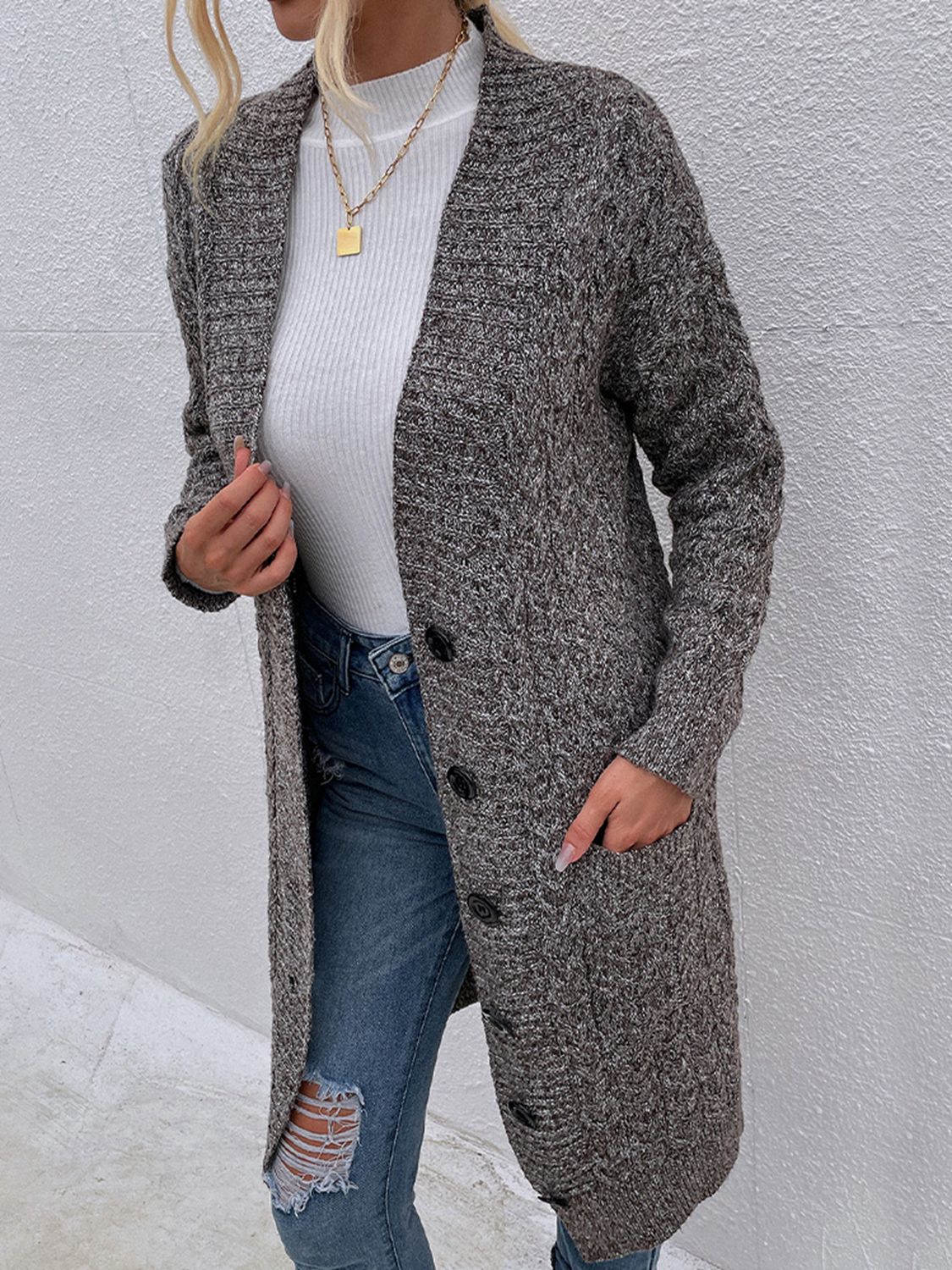 Button Down Longline Cardigan with Pockets Eromxe