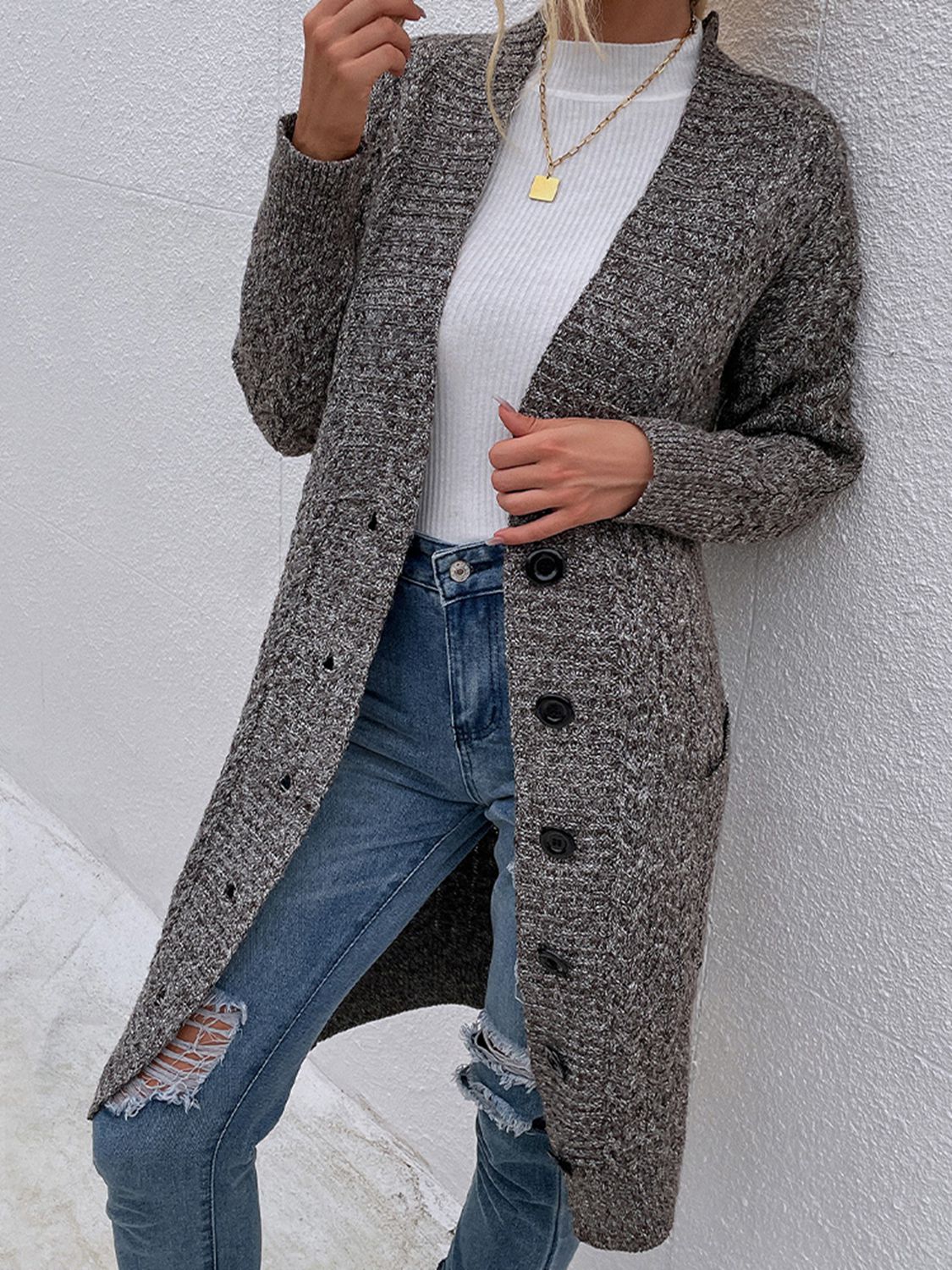 Button Down Longline Cardigan with Pockets Eromxe
