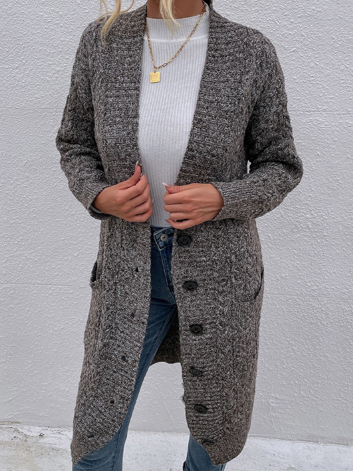 Button Down Longline Cardigan with Pockets Eromxe