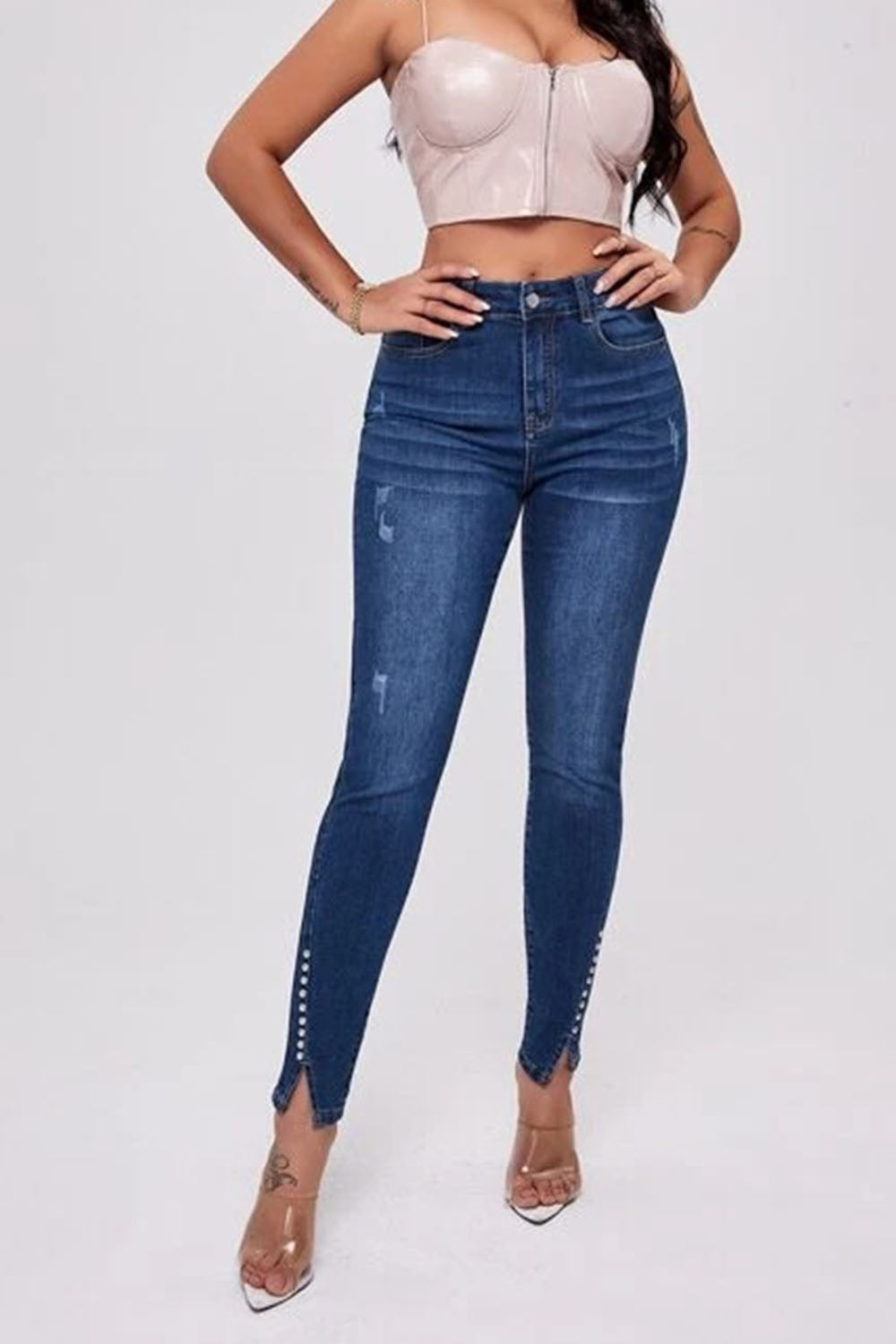 Button Fly Long Jeans Eromxe