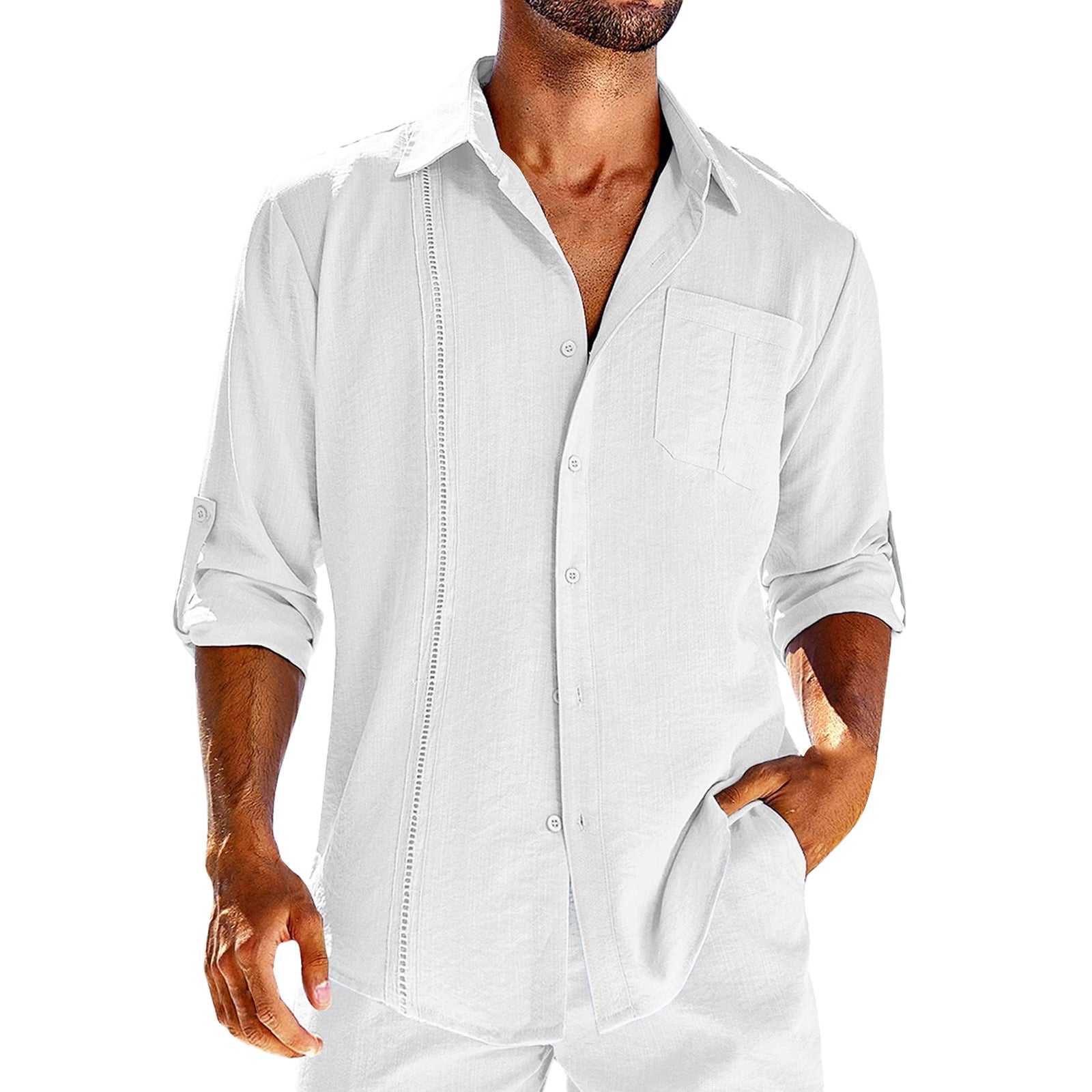 Casual Lace Polo Collar Solid Color Long Sleeve Button Men's Shirt Eromxe