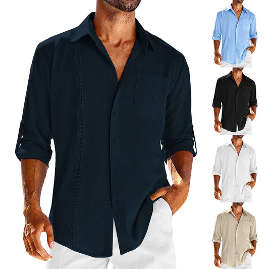 Casual Lace Polo Collar Solid Color Long Sleeve Button Men's Shirt Eromxe