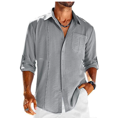 Casual Lace Polo Collar Solid Color Long Sleeve Button Men's Shirt Eromxe
