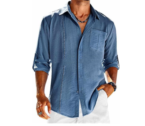 Casual Lace Polo Collar Solid Color Long Sleeve Button Men's Shirt Eromxe
