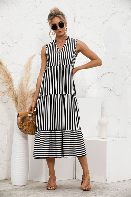 Fashion Casual Striped Patchwork Big Swing Midi Dresses Eromxe