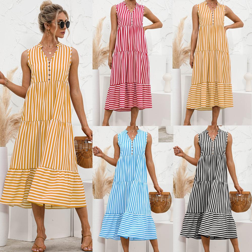 Fashion Casual Striped Patchwork Big Swing Midi Dresses Eromxe