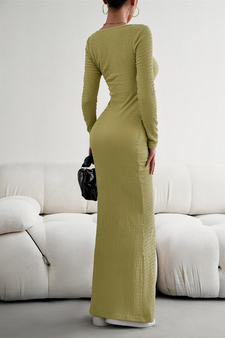 Long Sleeve Square Neck Maxi Bodycon Dress Eromxe