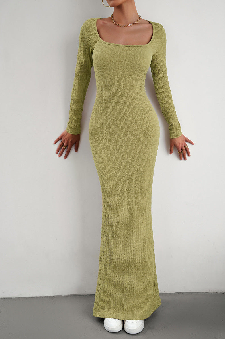Long Sleeve Square Neck Maxi Bodycon Dress Eromxe