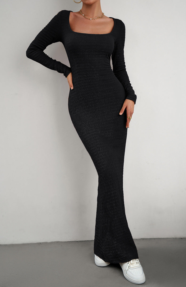 Long Sleeve Square Neck Maxi Bodycon Dress Eromxe