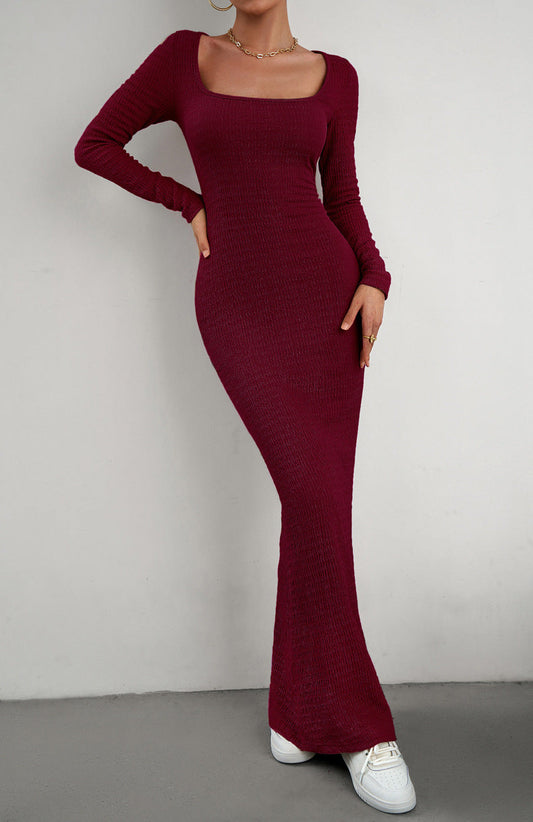 Long Sleeve Square Neck Maxi Bodycon Dress Eromxe
